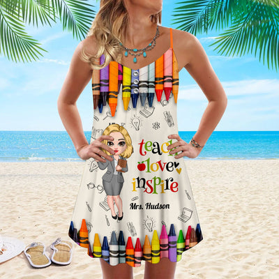 Colorful Crayon Teach Love Inspire Cute Pretty Doll Teacher Personalized Summer Dress Perfect Teacher's Day Gift HTN11JUL23NA2