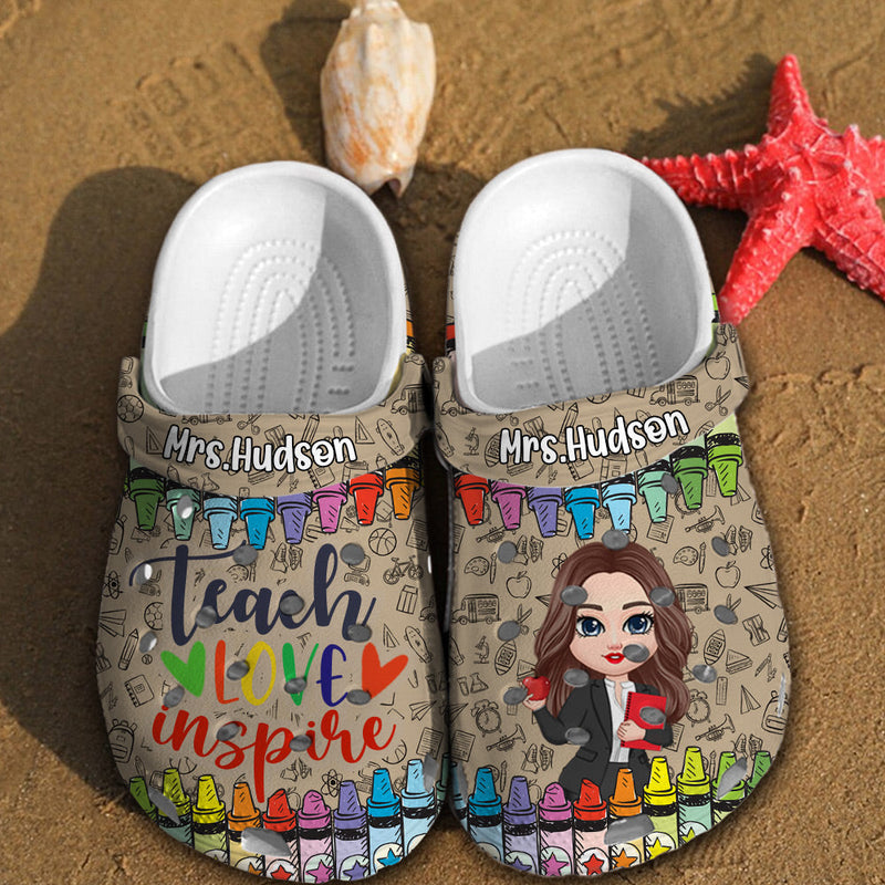 Teach Love Inspire Pretty Doll Personalized Clog Gift for Teacher Counselor Educator