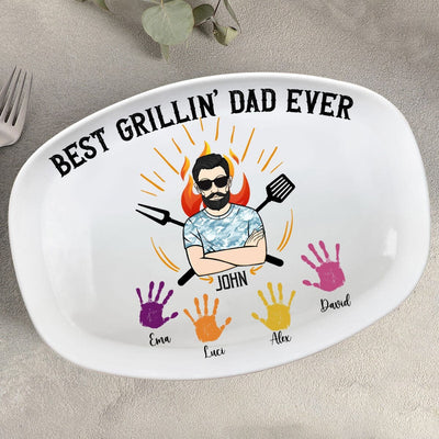 Best Grillin' Dad Ever Handprints Grandpa With Grandkids Personalized Platter NTA22MAY23NA1 Platter Humancustom - Unique Personalized Gifts