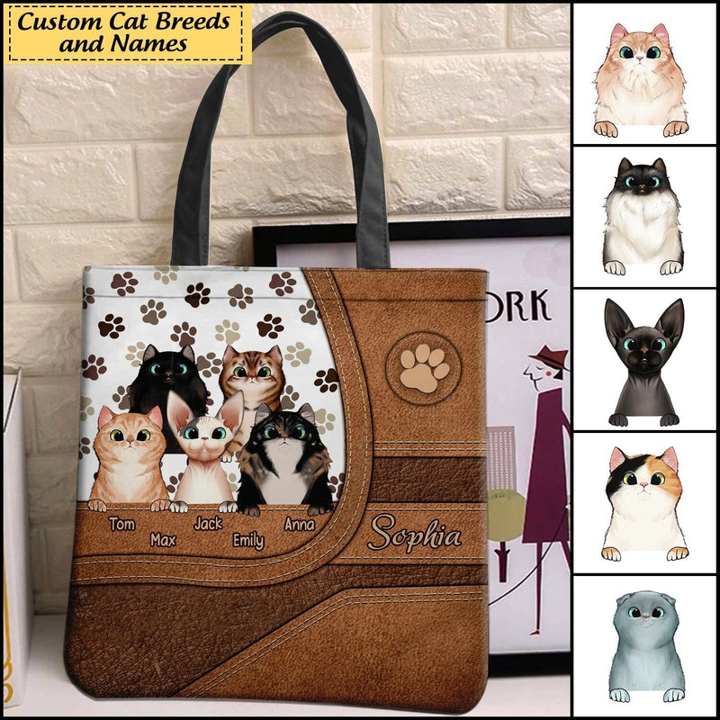 Discover Personalized 'Cat In The Bag' Crazy Cat Lady Cat Mom Pet Lover Leather Pattern Tote Bag
