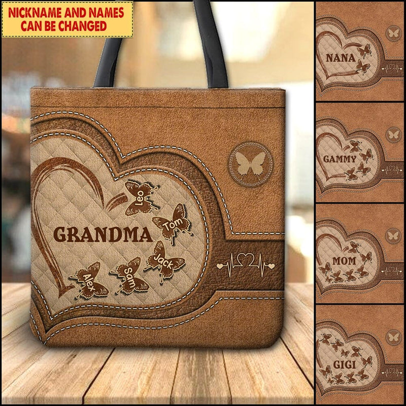 Discover Personalized Grandma Mom Butterflies Kids Mother's Day Family Gift Leather Pattern Tote Bag
