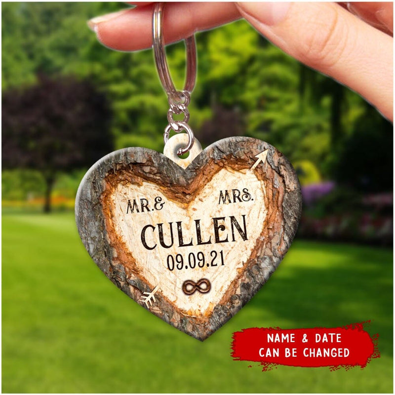 Discover Mr & Mrs Forever Personalized Heart Wooden Keychain
