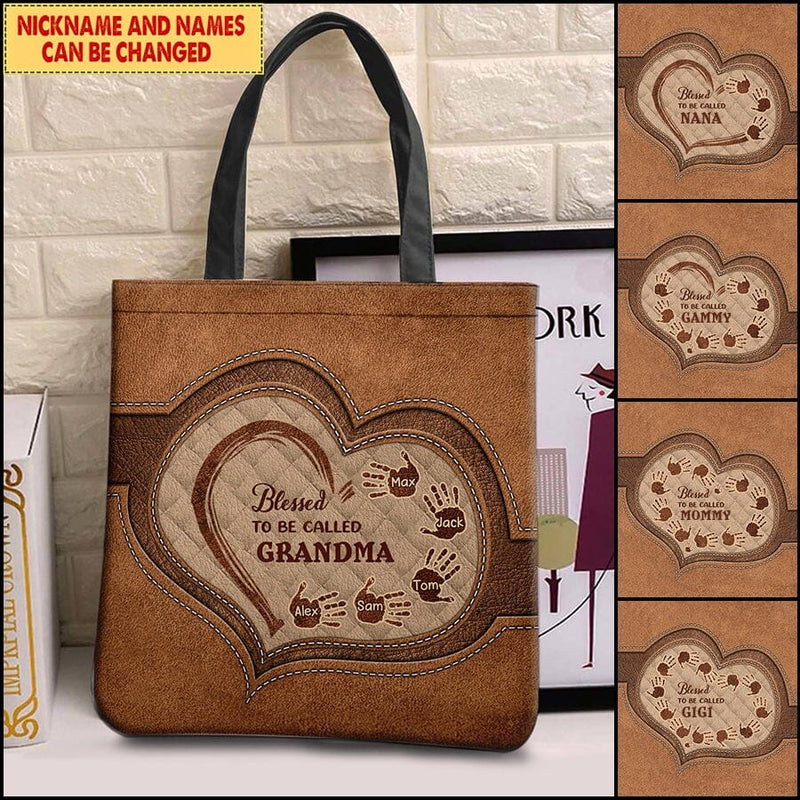 Discover Personalized Blessed To Be Called Grandma Mom Handprints Heart Leather Pattern Tote Bag