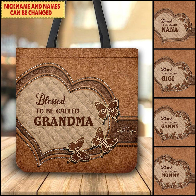 Discover Personalized Grandma Mom Mother's Day Family Gift Butterflies Heart Leather Pattern Tote Bag