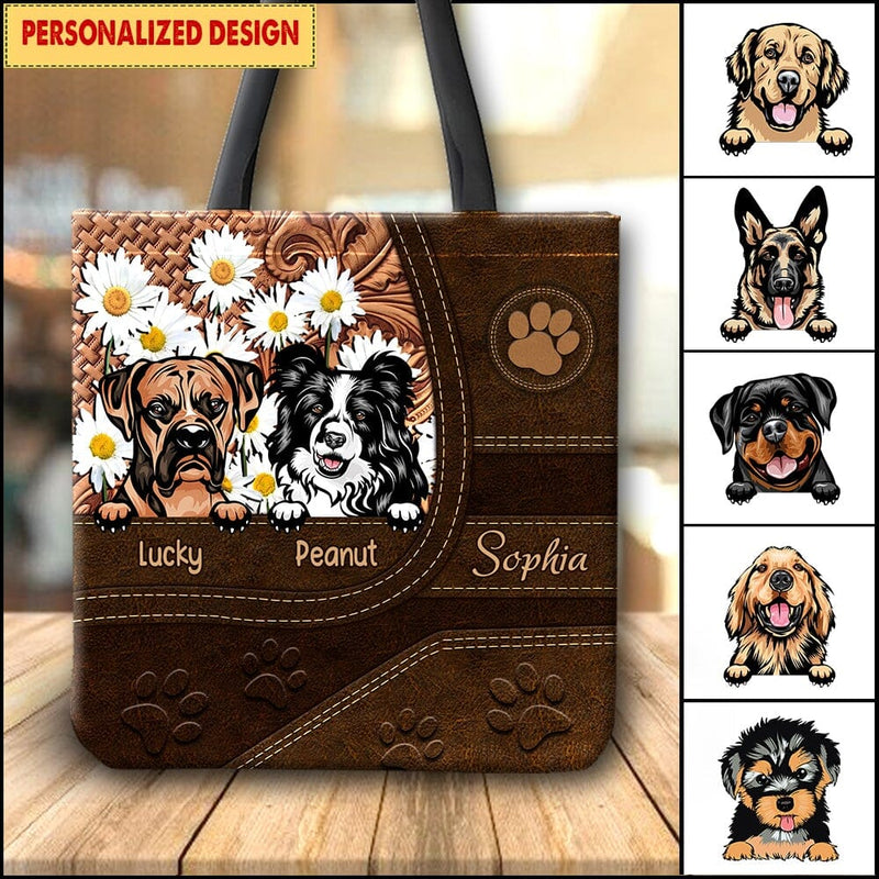 Discover Personalized Dog Daisy With Pawprints Leather Pattern Tote Bag