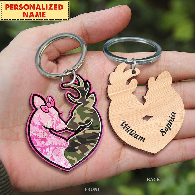 Discover Personalized Deer Couple Camo Wooden Keychain