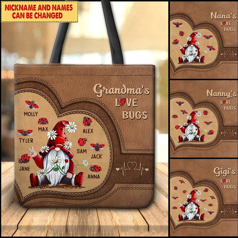 Discover Grandma's Love Bugs Custom Nickname & Names Leather Pattern Mother's Day Gift Tote Bag