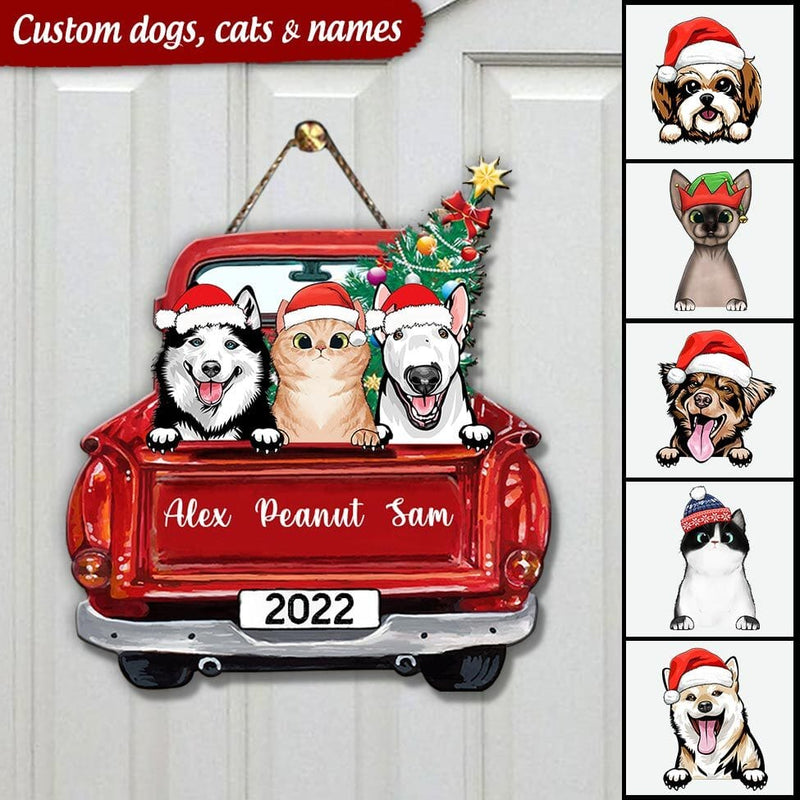 Discover Personalized Christmas Cats and Dogs Truck Gift for cat and dog lovers Shape Wooden Sign