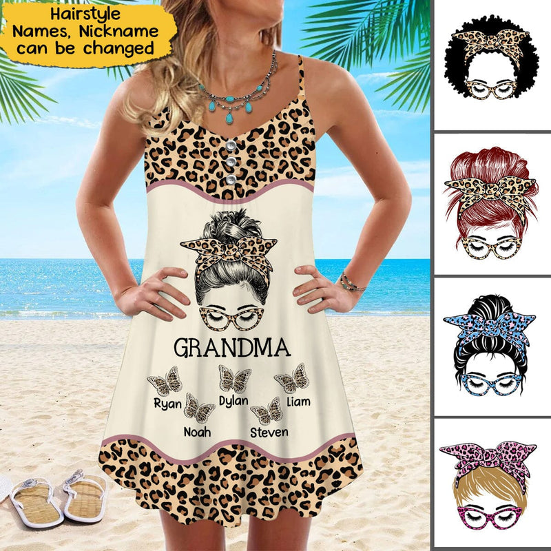 Discover Personalized Leopard Messy Bun Grandma with Butterfly Grandkids Summer Dress