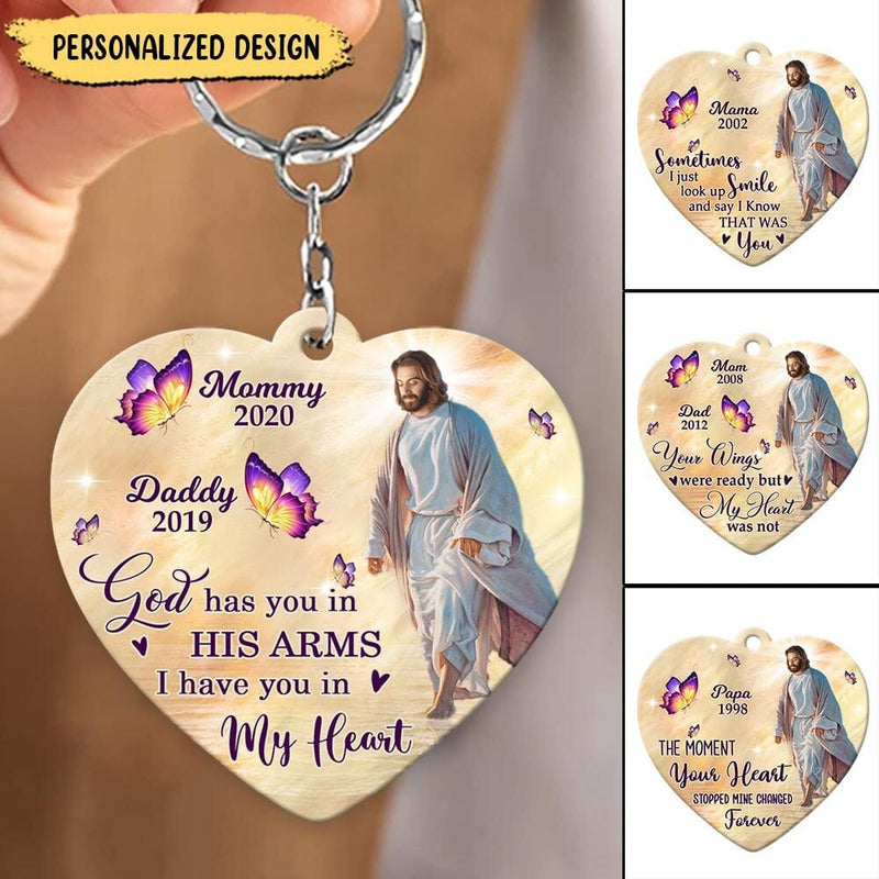 Discover God Has You In His Arms Jesus Butterfly Memorial Gift Custom Heart Wooden Keychain