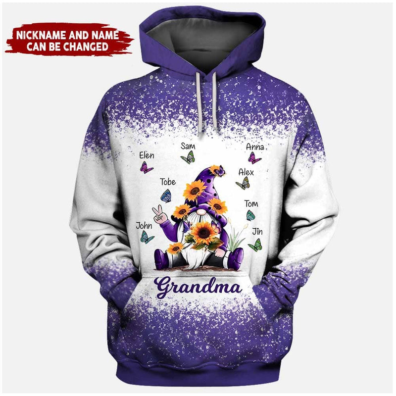 Sunflower Gnome Butterflies Grandma With Grandkids Personalized 3D Hoodie