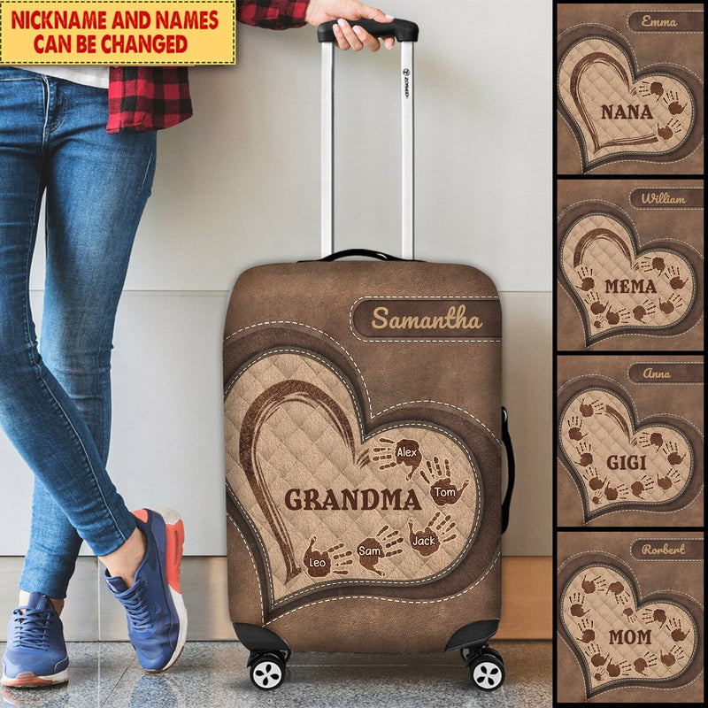 Discover Personalized Grandma Mom Handprints Mother's Day Gift Leather Pattern Luggage Cover
