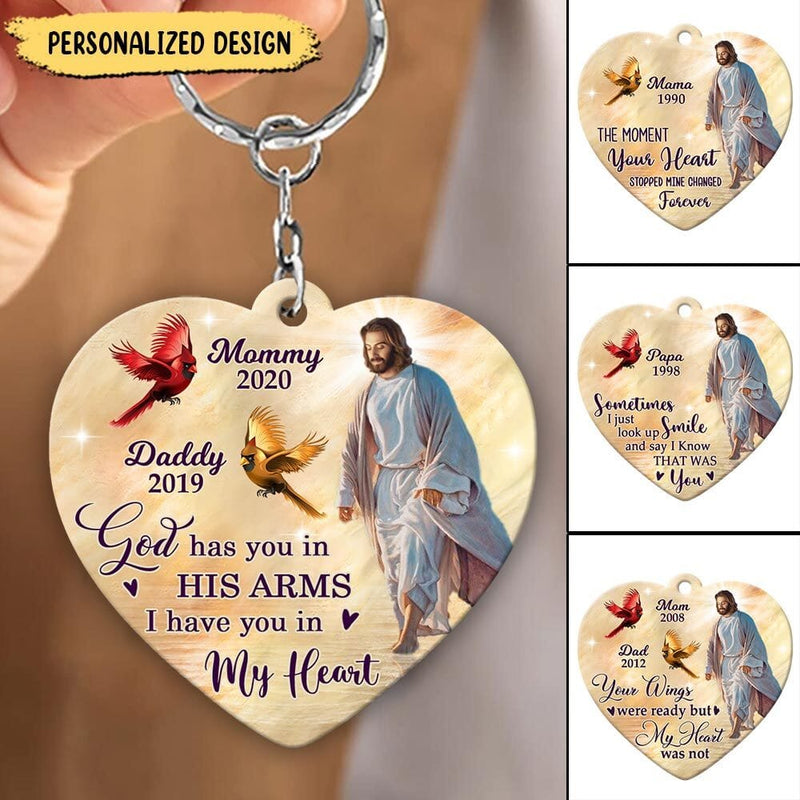 Discover God Has You In His Arms Jesus Cardinal Bird Memorial Gift Custom Heart Wooden Keychain