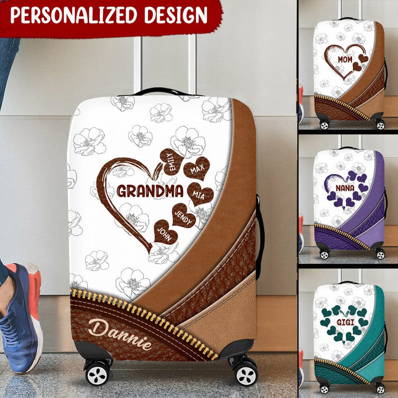 Discover Grandma Mom Heart Mother's Day Gift Custom Names & Color Leather Pattern Luggage Cover