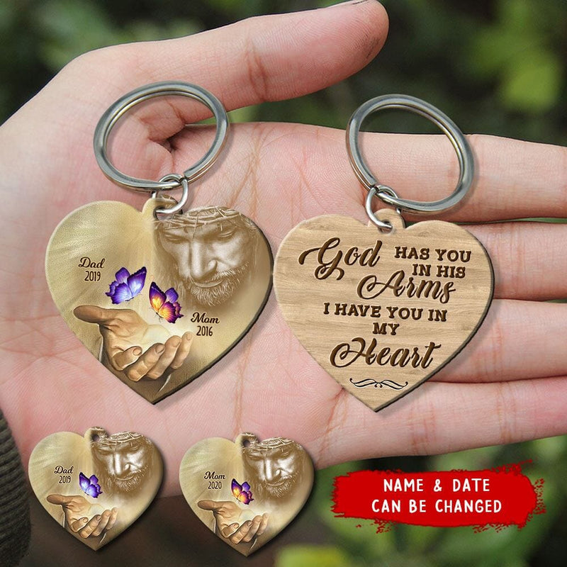 Discover Memorial Gift Custom Name & Year, God Has You In His Arms, I Have You In My Heart Wooden Keychain
