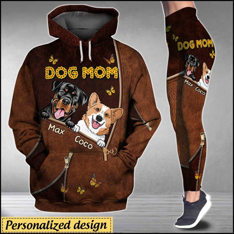 Dog Mom Sunflower Leather Zip Pattern Combo 3D Full Painting Hoodie And Leggings