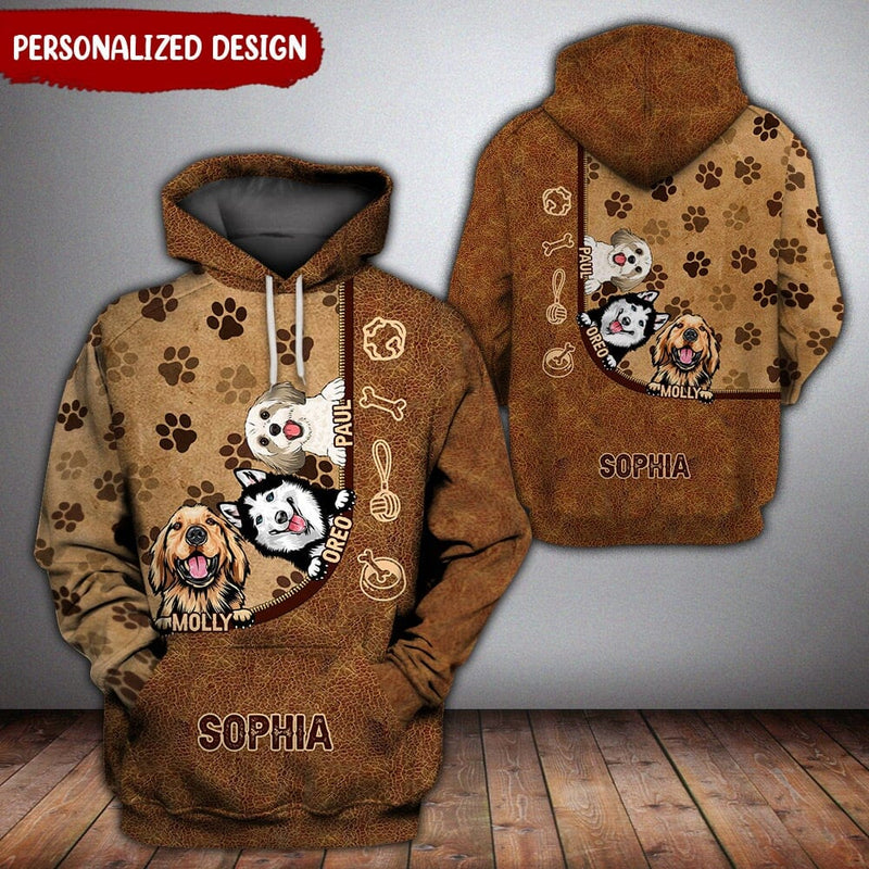 Personalized Gift for Dog Lovers, Leather Pattern Dogs with Pawprints 3D Hoodie