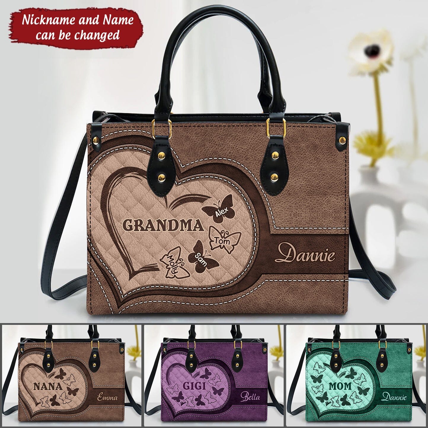 Customized Grandma Mom Heart Butterfly Custom Nickname Names Mothers Day Familia Gift Leather Handbag HLD23JUL22TT2 Leather Handbag Humancustom - Unique Personalized Gifts Black 