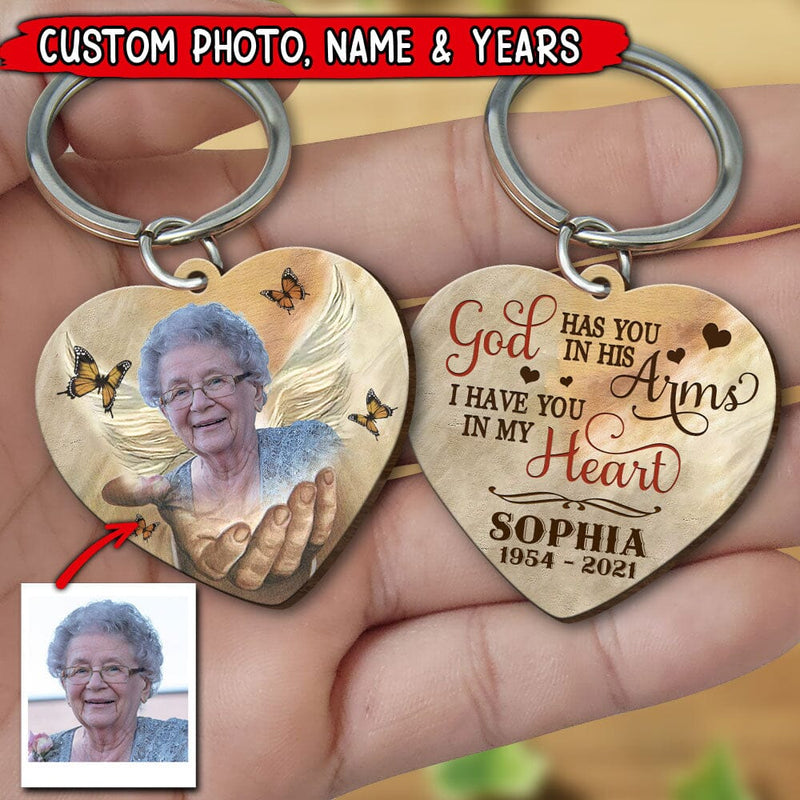 Discover Upload Photo, God Has You In His Arms, I Have You In My Heart Custom Wooden Keychain