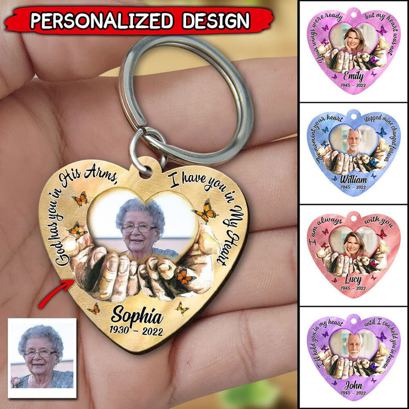 Discover Upload Photo God Has You In His Arms, I Have You In My Heart Customized Wooden Keychain