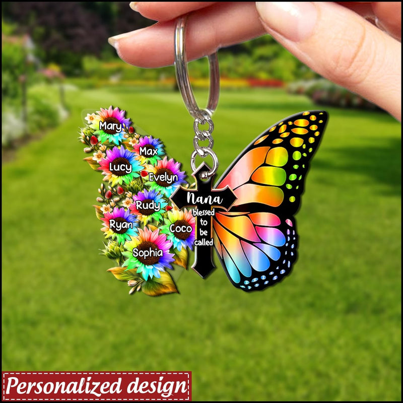 Discover Personalized Rainbow Butterfly Blessed To Be Called Grandma Mom Acrylic Keychain