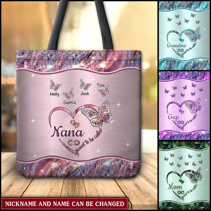 Discover Sparkling Grandma- Mom Heart Butterfly Kids Personalized Tote Bag