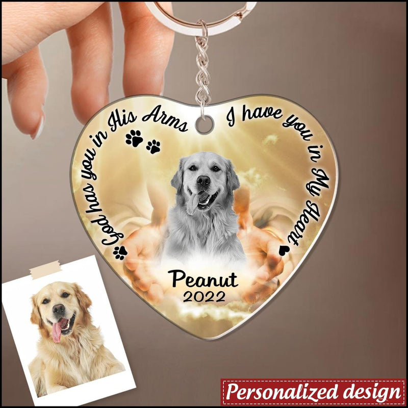Discover Memorial Upload Photo, God Has You In His Arms I Have You In My Heart Custom Wooden Keychain