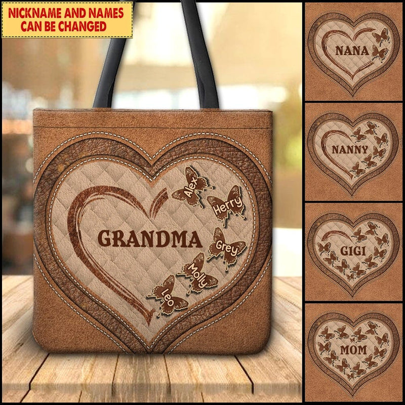 Discover Personalized Grandma Nana Mom Butterfly Heart Leath Pattern Tote Bag