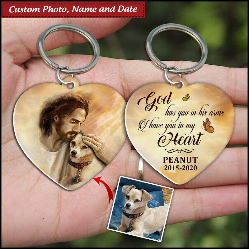 Discover Memorial Gift Upload Photo God Has You In His Arms Personalized Wooden Keychain