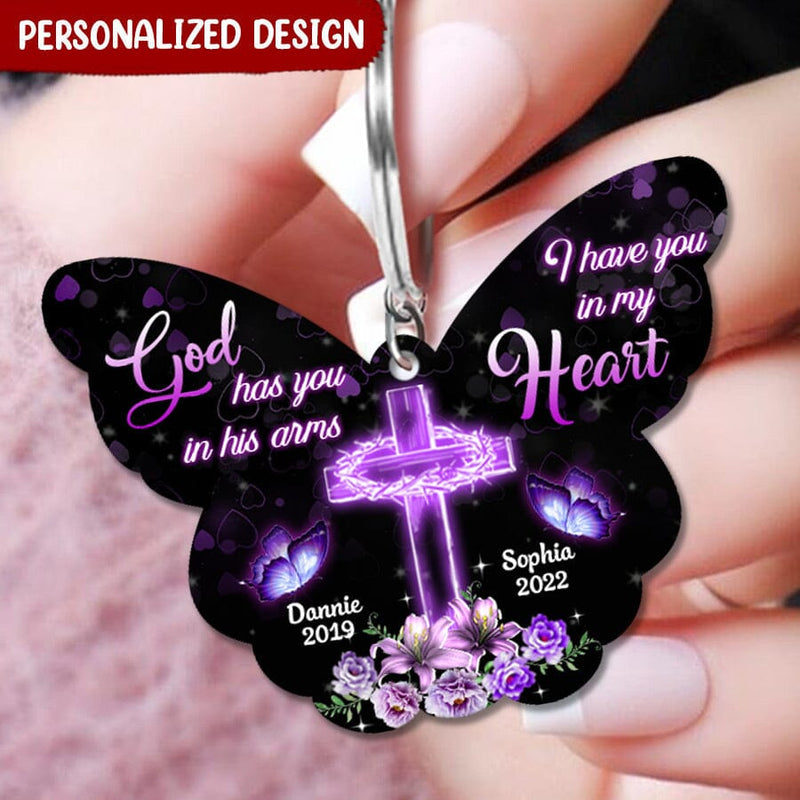 Discover Memorial Gift Purple Butterfly Cross, God Has You In His Arms, I Have You In My Heart Personalized Acrylic Keychain