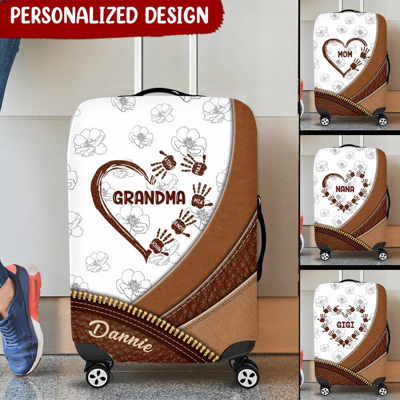 Discover Grandma Mom Heart Kids' Handprints Mother's Day Gift Custom Names & Color Leather Pattern Luggage Cover