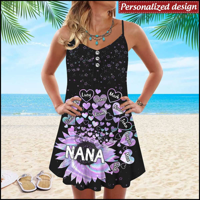 Discover Nana Sunflower Hearts With Grandkids Name Personalized Summer Dress