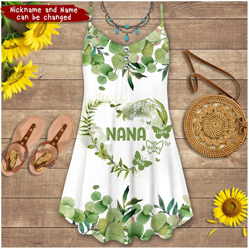 Discover Green Leaves Heart With Butterfly Grandma- Mom With Little Kids, Gifts For Nana Auntie Mommy Personalized Summer Dress