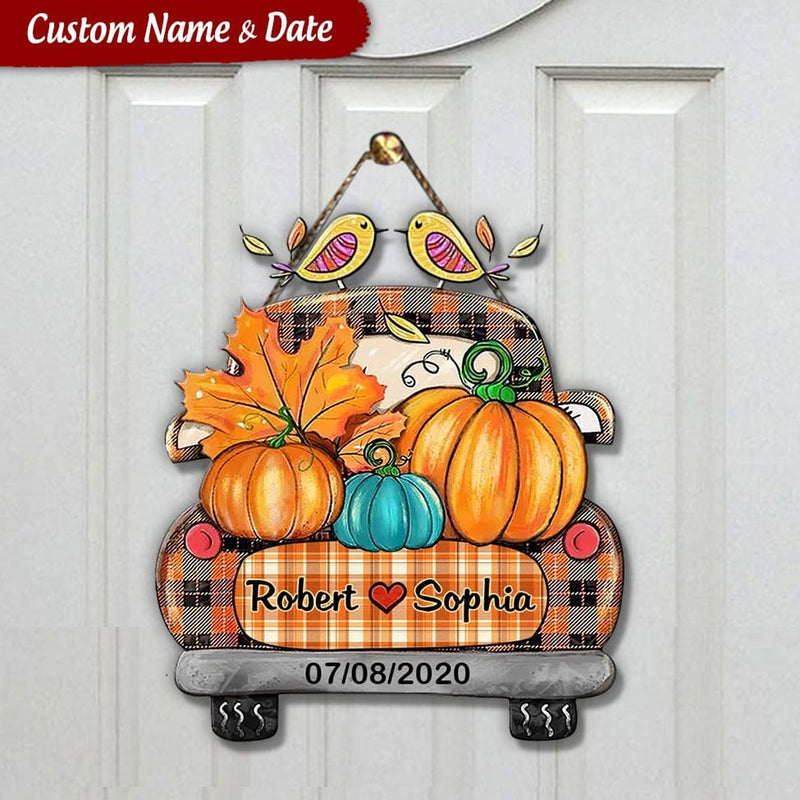 Discover Personalized Fall Season Truck Couple Shape Wooden Sign