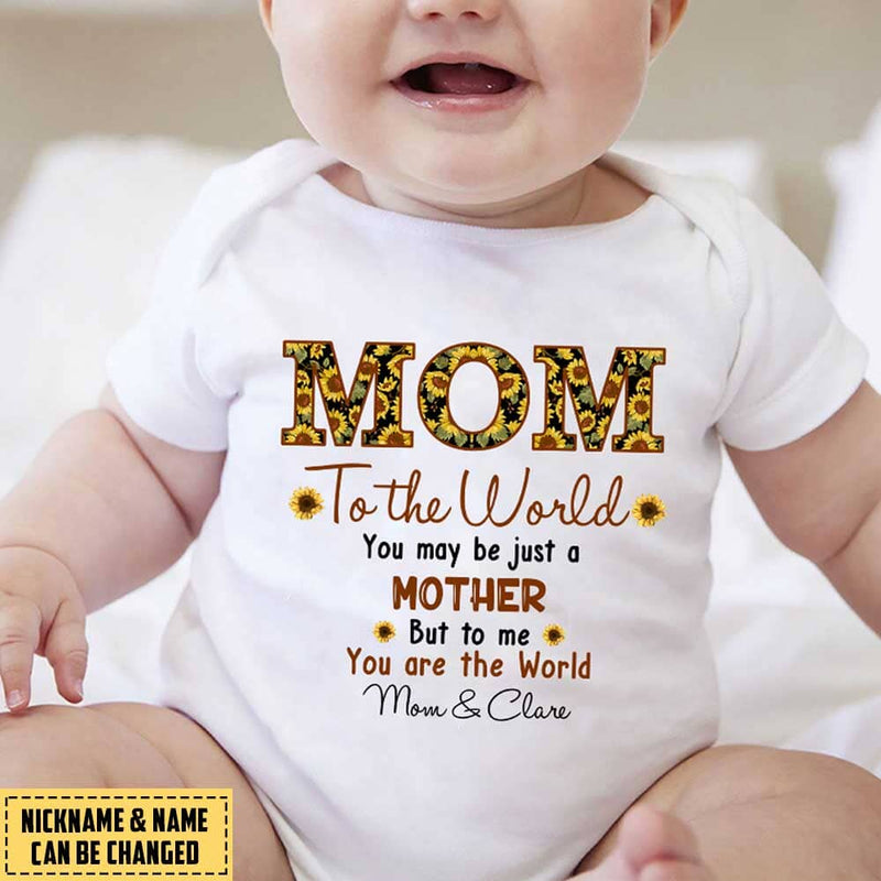 Sunflower Mom- To Me, You Are The World Personalized Baby Onesie