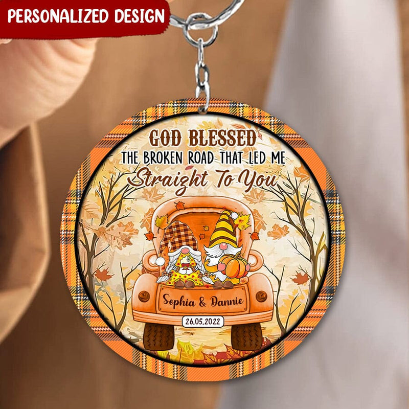 Discover Couple Gnome On Truck God Blessed The Broken Road Custom Wooden Keychain