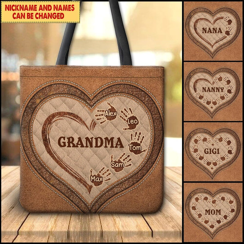Discover Personalized Grandma Nana Mom Hand Prints Heart Leath Pattern Tote Bag
