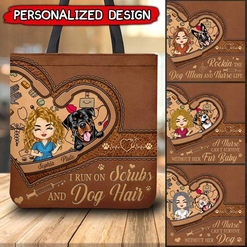 Discover Gift for Nurse and Dog Mom, I run on Scrubs and Dog Hair Personalized Leather Pattern Tote Bag