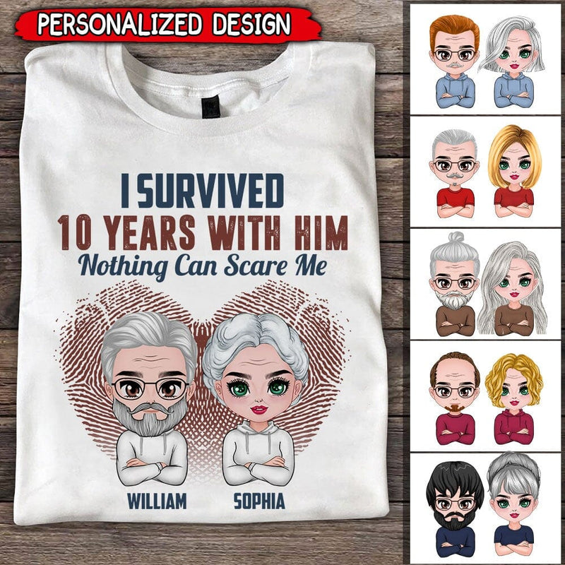 Discover I Survived Years With Him Her Nothing Can Scare Me Fingerprint Heart Custom Couple T-Shirt