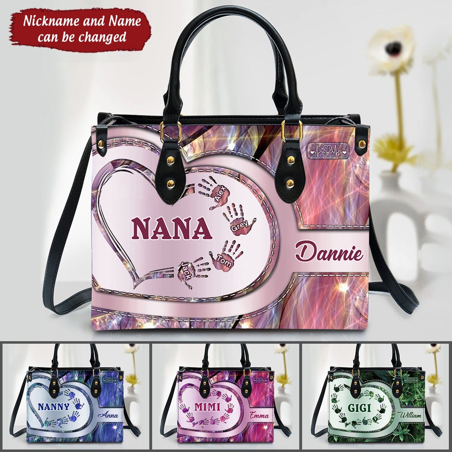 Sparkling Grandma- Mom With Heart Hand Prints Kids, Multi Colors Personalized Leath Handbag NVL22JUL22TT2 Leather Handbag Humancustom - Unique Personalized Gifts Black 