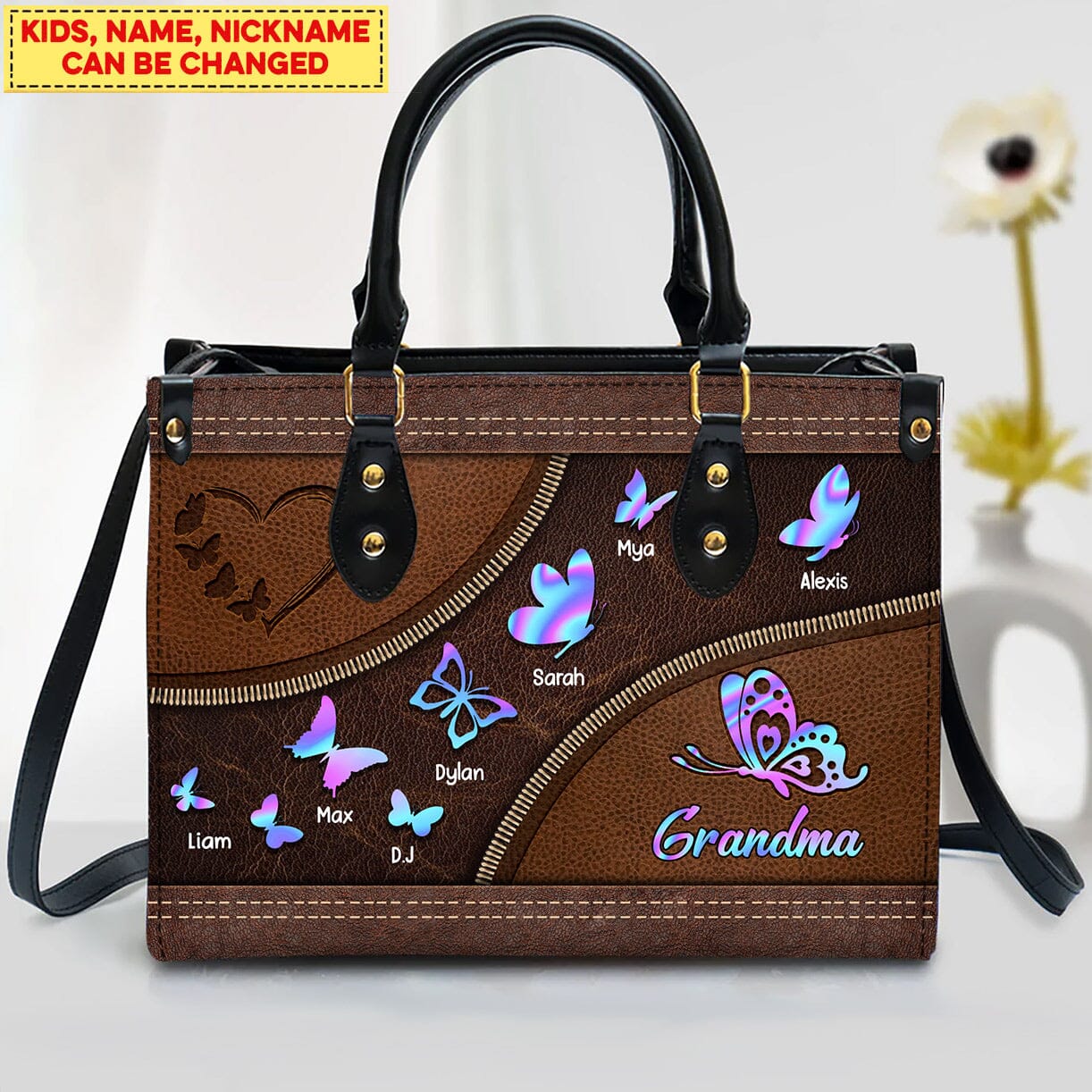 Customized Grandma Mom Hologram Butterfly Familia Gift Leather Handbag NTH01AUG22CT1 Leather Handbag Humancustom - Unique Personalized Gifts Black 
