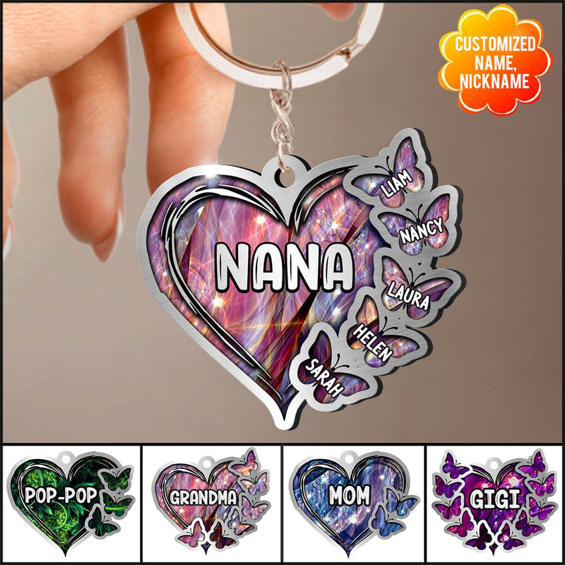 Discover Sparkling Grandma- Mom Heart Butterfly Kids, Multi Colors Personalized Acrylic Keychain