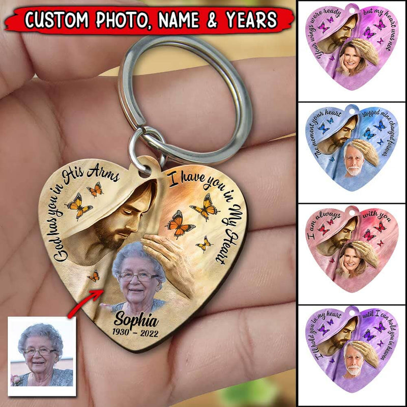 Discover Custom Upload Photo God Has You In His Arms, I Have You In My Heart Wooden Keychain