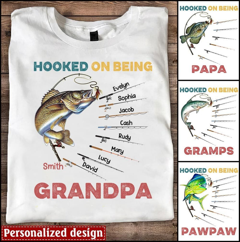 Personalized Fishing Shirt for Dad, Fishing Shirt, Grandpa Fishing Shirt,  Fish Shirt, Hooked On Being Dad Shirt, Funny Fishing Dad and Kids Name
