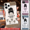 Personalized Leopard Messy Bun Teacher Mom with Butterfly Kids Glass Phone case NTH23JUL22TP1 Glass Phone Case Humancustom - Unique Personalized Gifts Iphone iPhone 13