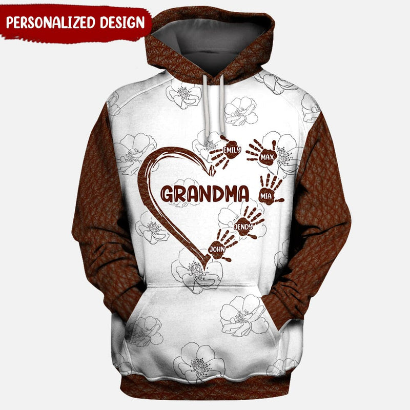 Customized Grandma Mom Heart Kids' Handprints Mother's Day Gift Leather Pattern Hoodie 3D HLD04OCT22NY1