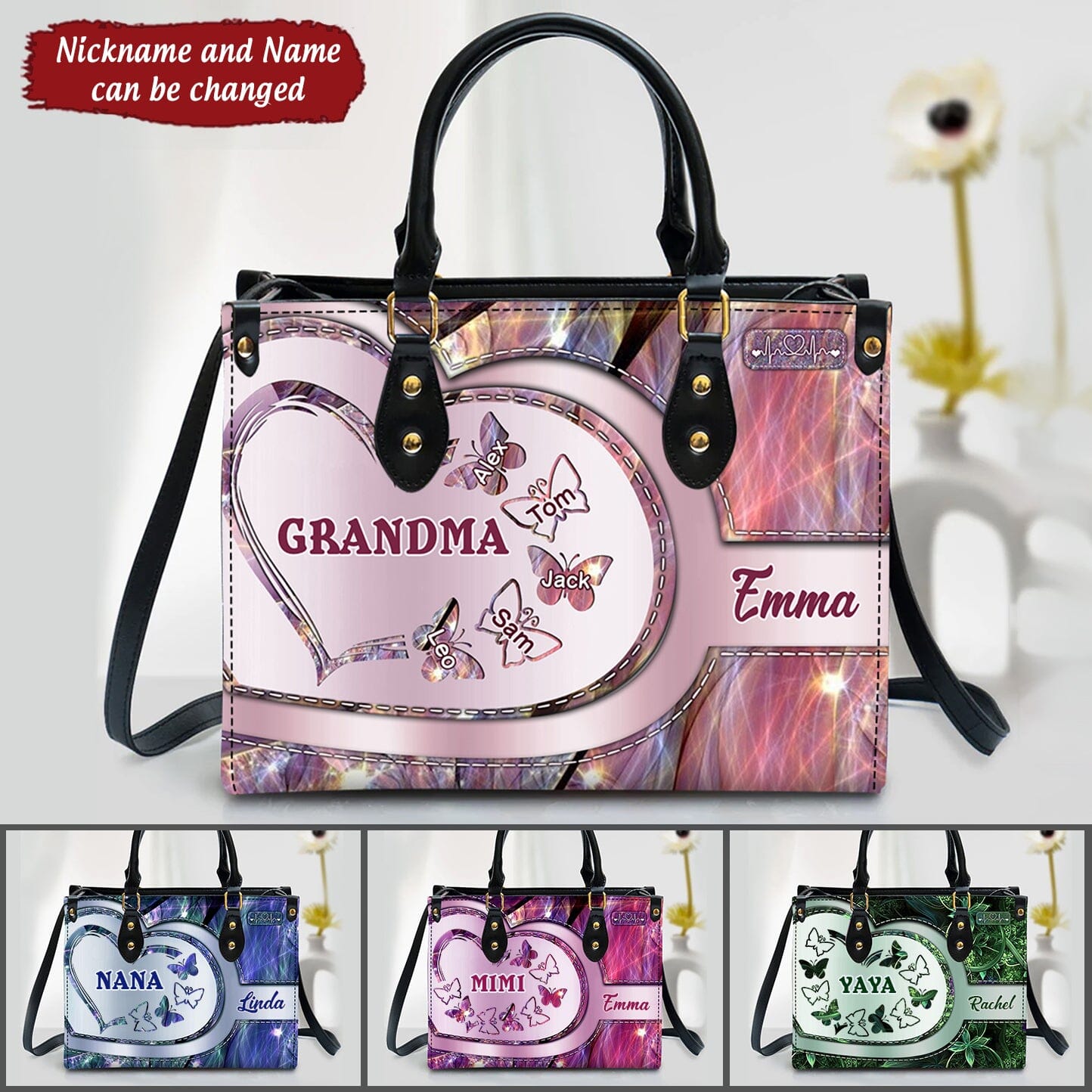 Sparkling Grandma- Mom With Butterfly Kids, Multi Colors Personalized Leath Handbag NVL22JUL22TT3 Leather Handbag Humancustom - Unique Personalized Gifts Black 