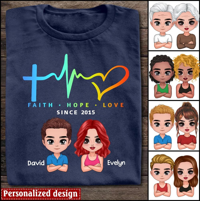 Discover Faith Hope Love Since Year Heartbeat Cross Colorful Pattern Custom Gift For Couple T-Shirt