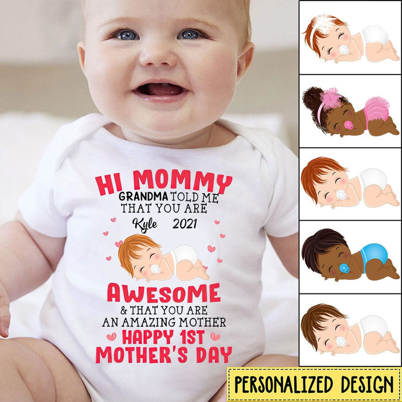 Discover Happy 1st Mother's Day Hi Mummy Custom Baby Name & Date Baby Onesie