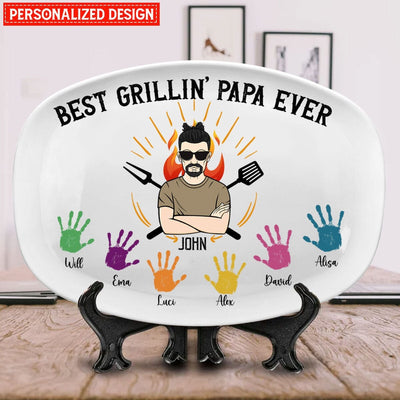 Best Grillin' Dad Ever Handprints Grandpa With Grandkids Personalized Platter NTA22MAY23NA1 Platter Humancustom - Unique Personalized Gifts